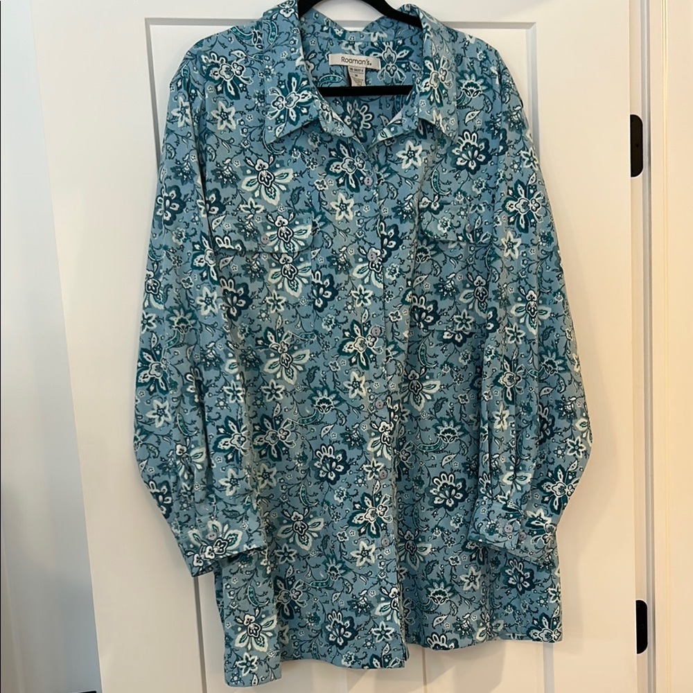 Blue hues by Roaman’s 3X long sleeve cardigan with front pockets button down.